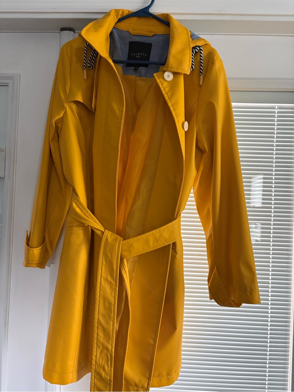 Talbots Bright Yellow Hooded Rain Trench with Tie Waist